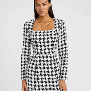 houndstooth square neck long sleeve mini dress with pockets