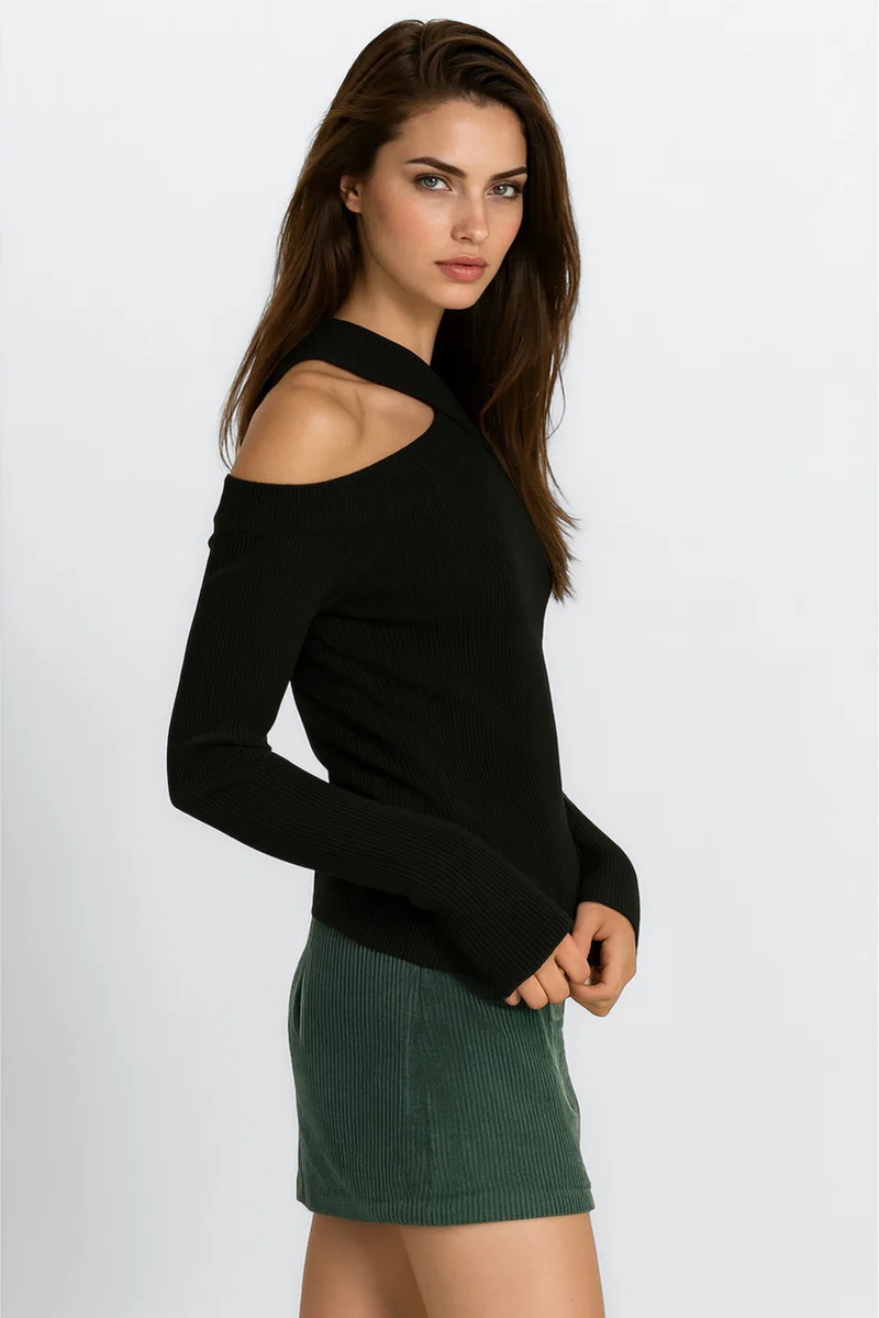 ribbed off the shoulder halter sweater knit top ribbed off the shoulder halter sweater knit top