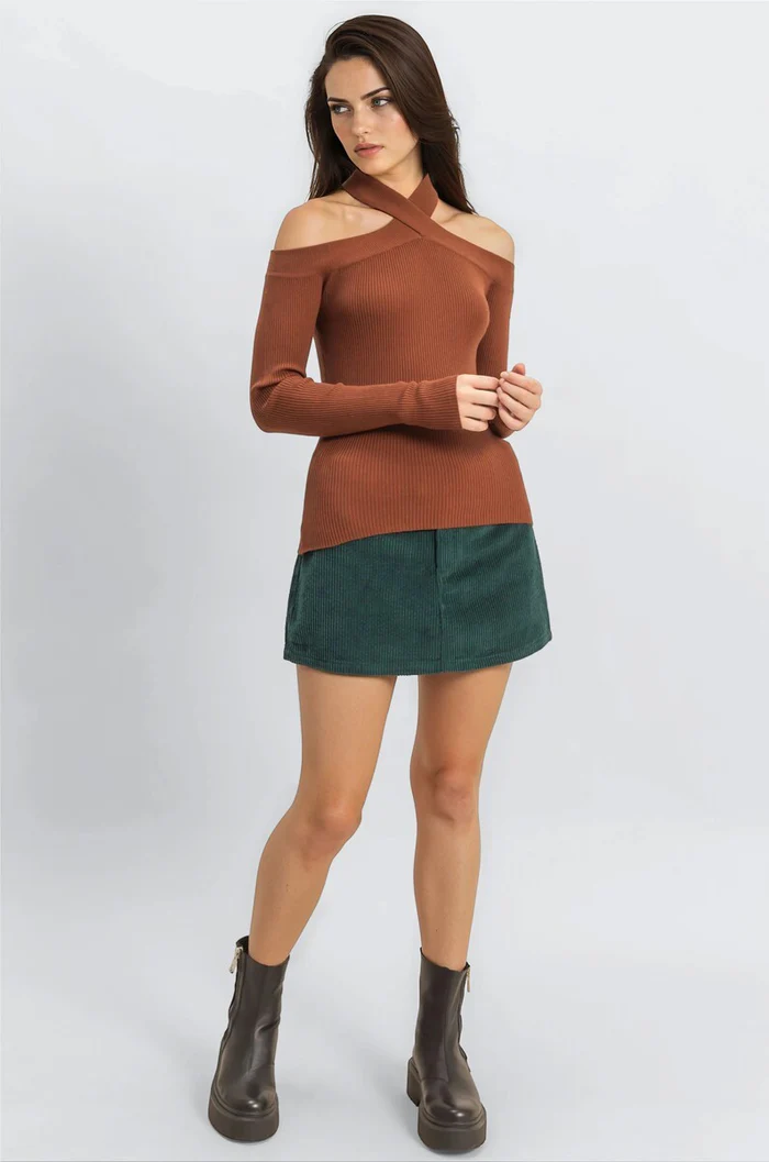 ribbed off the shoulder halter sweater knit top ribbed off the shoulder halter sweater knit top