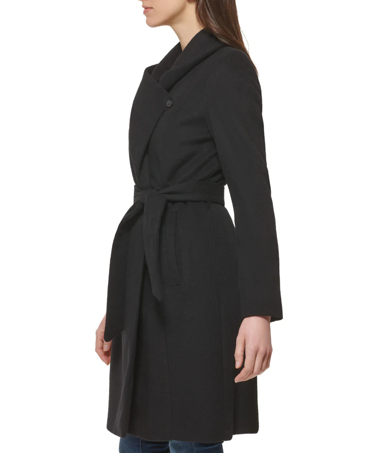 long wool blend coat with tie black long wool blend coat with tie black