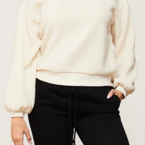 domino long sleeve pullover top ribbed cuff hem and mock neck